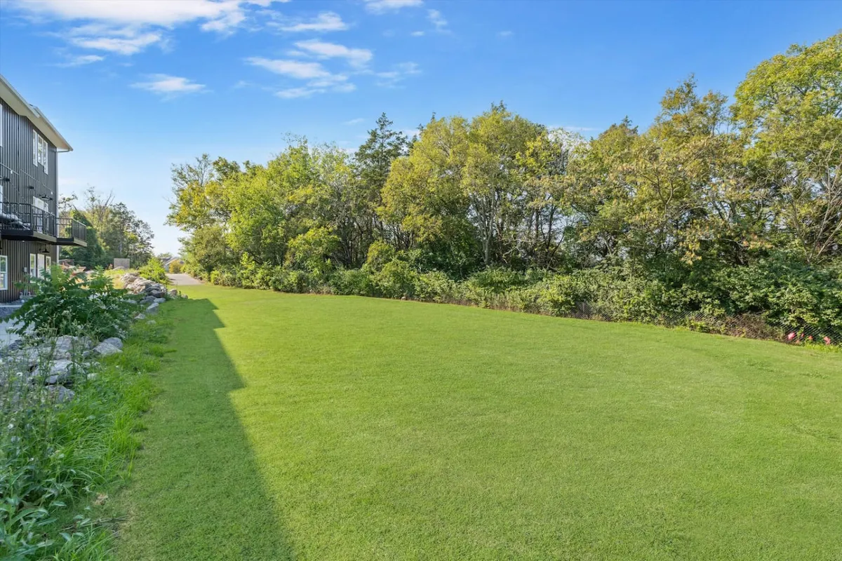 A wide view of a large, manicured green lawn surrounded by mature, leafy trees and a winding distant path. The open outdoor space invites outdoor activities or quiet reflection amid nature.